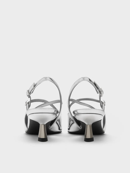 Pauline Metallic Crossover Kitten Heels - Silver | CHARLES & KEITH