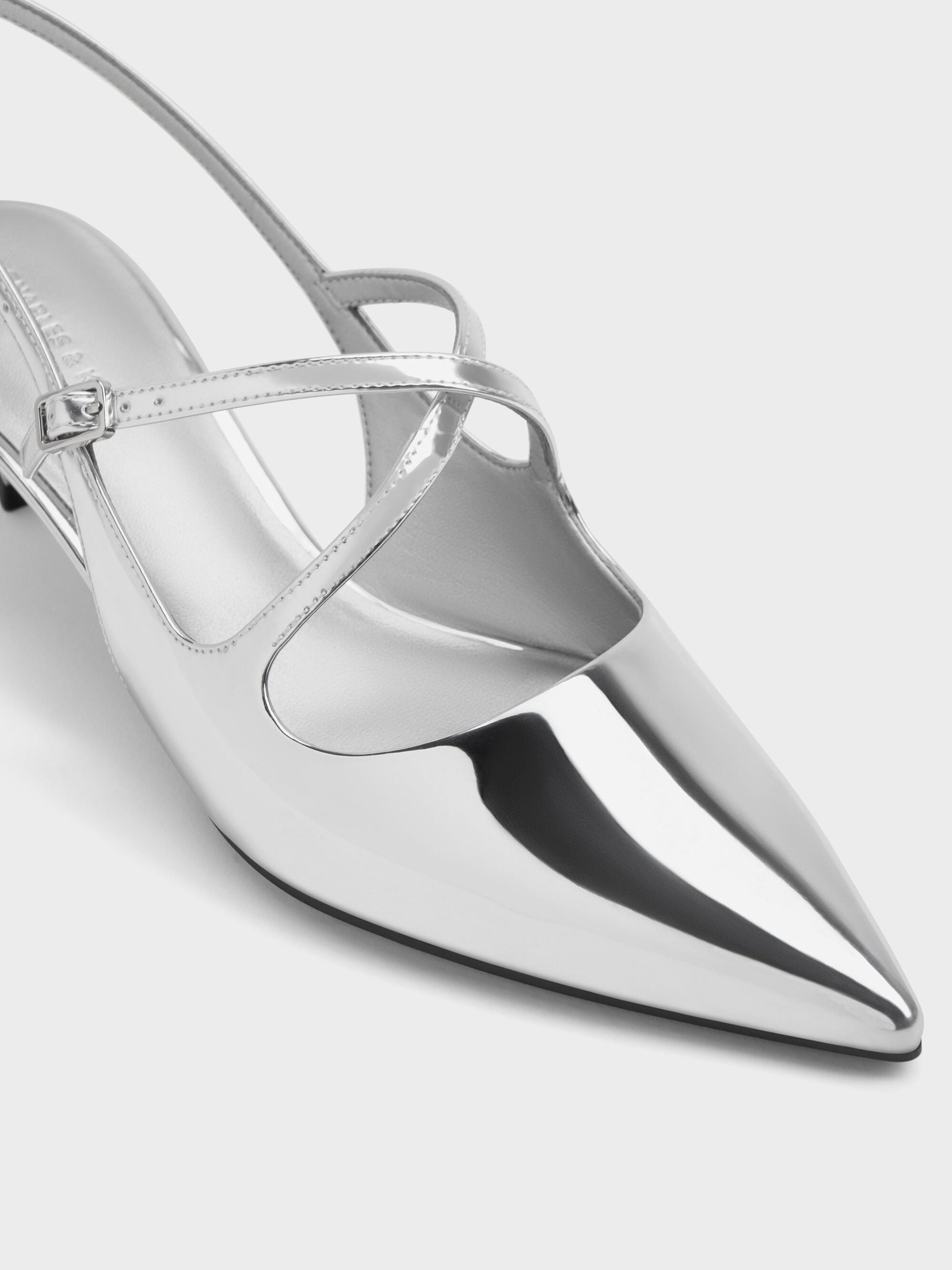 Pauline Metallic Crossover Kitten Heels - Silver | CHARLES & KEITH
