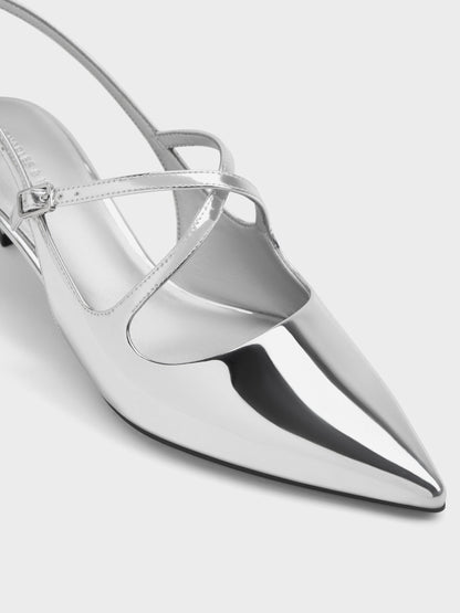 Pauline Metallic Crossover Kitten Heels - Silver | CHARLES & KEITH