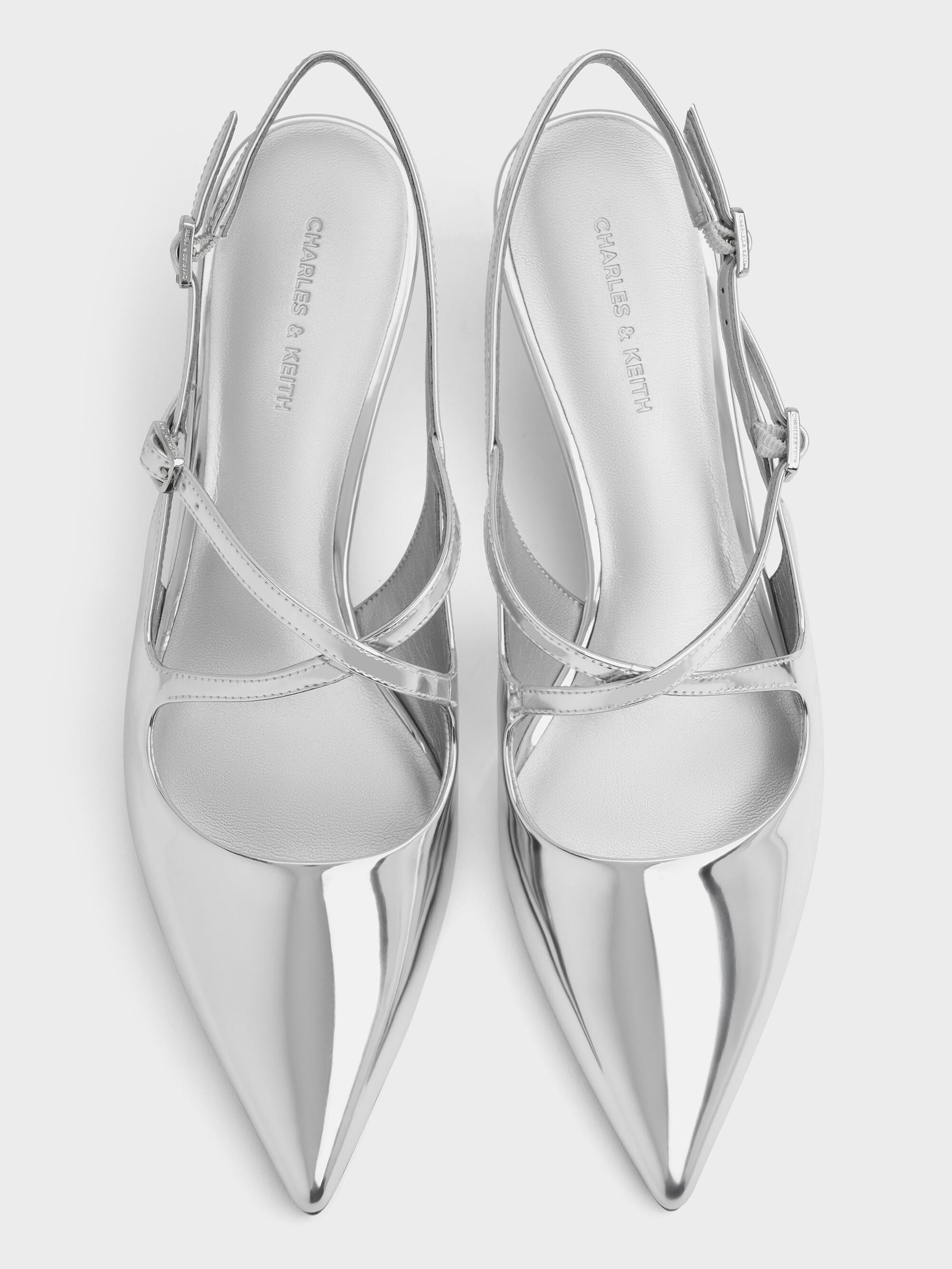 Pauline Metallic Crossover Kitten Heels - Silver | CHARLES & KEITH
