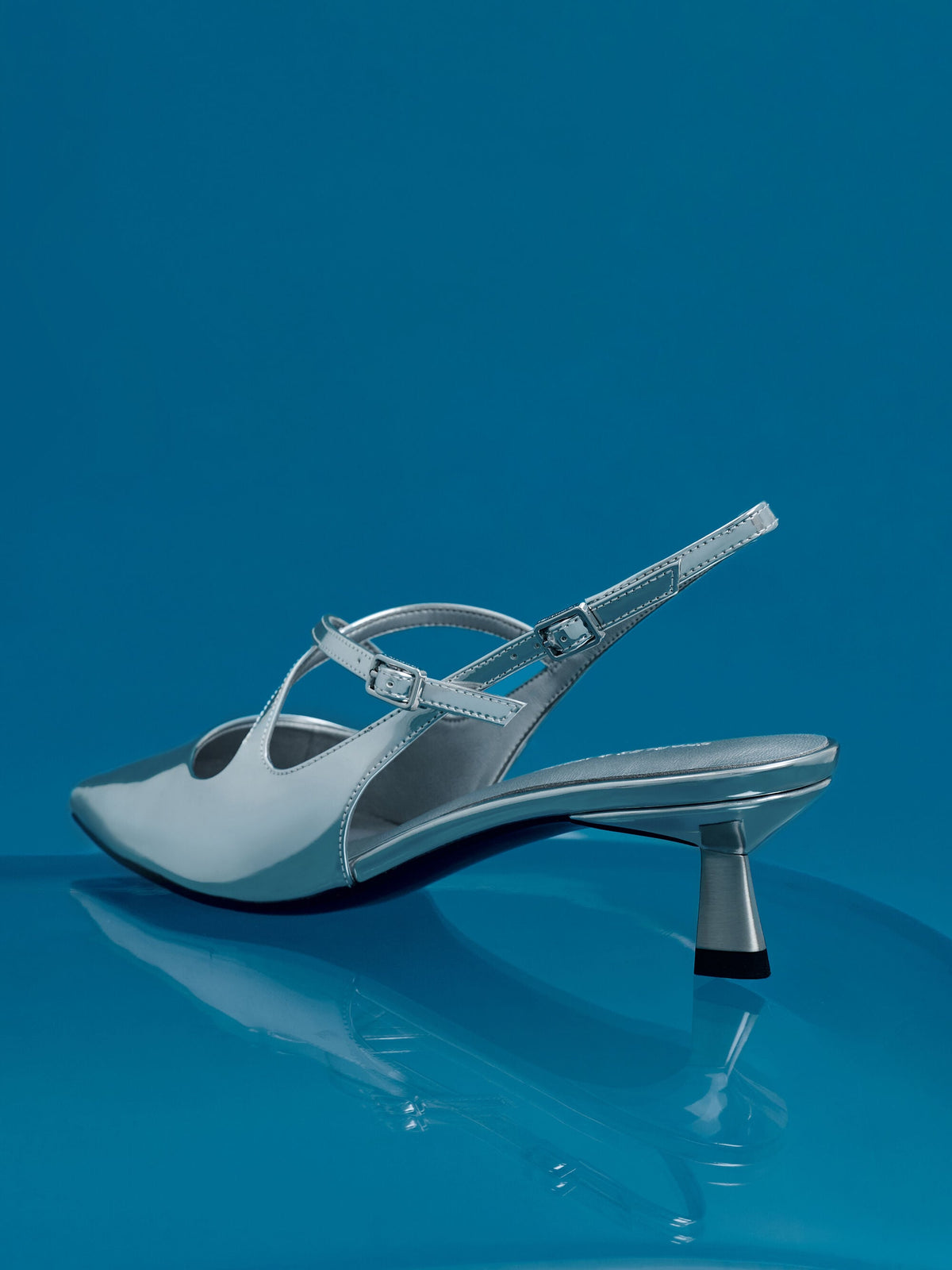 Pauline Metallic Crossover Kitten Heels - Silver | CHARLES & KEITH