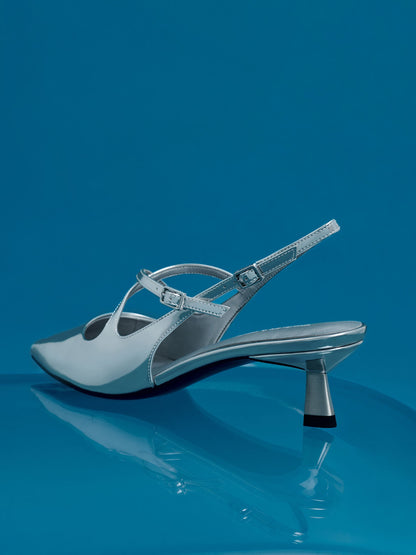 Pauline Metallic Crossover Kitten Heels - Silver | CHARLES & KEITH