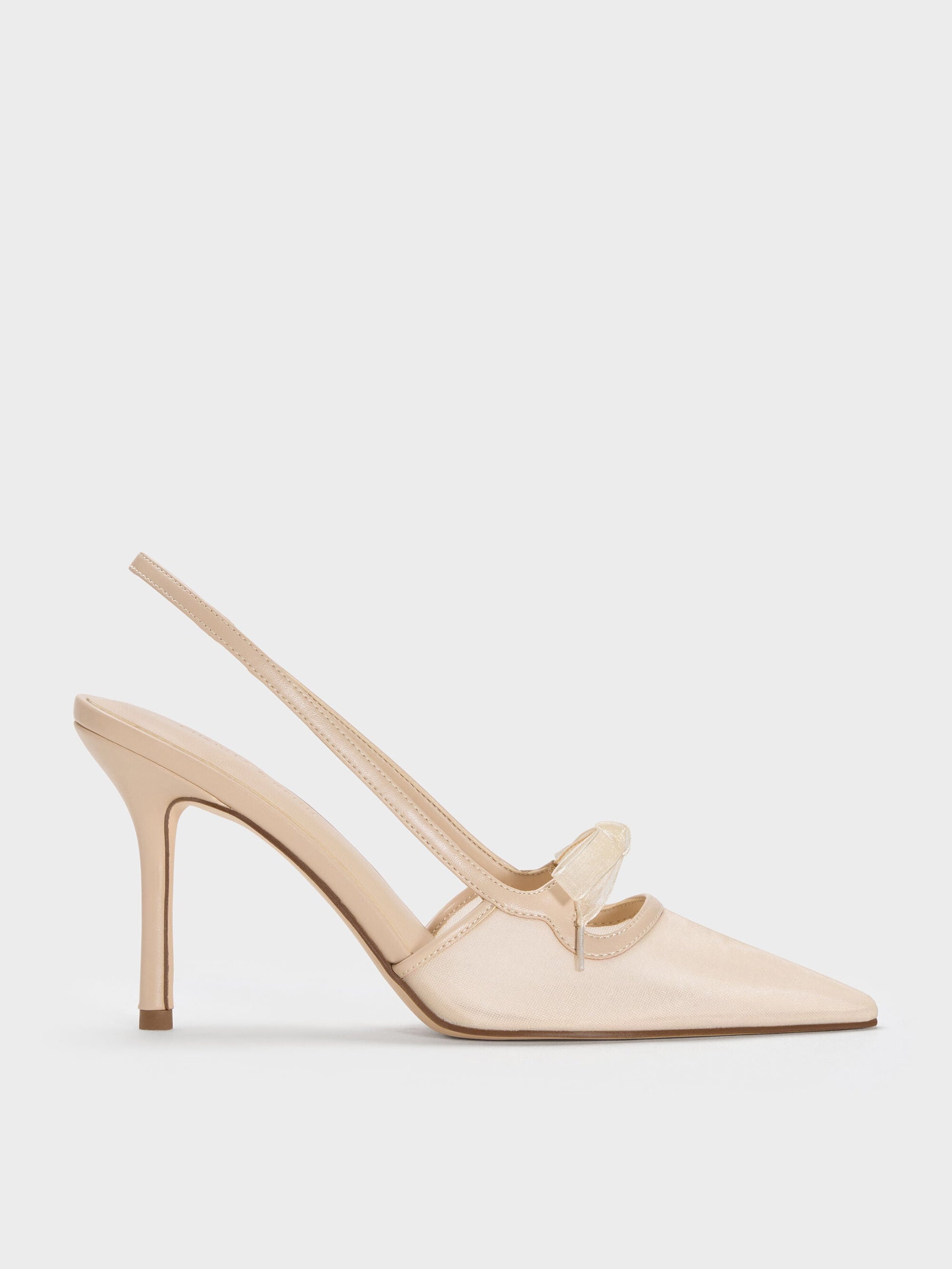 Venetia Mesh Bow Pointed Slingback Pumps - Nude | CHARLES & KEITH