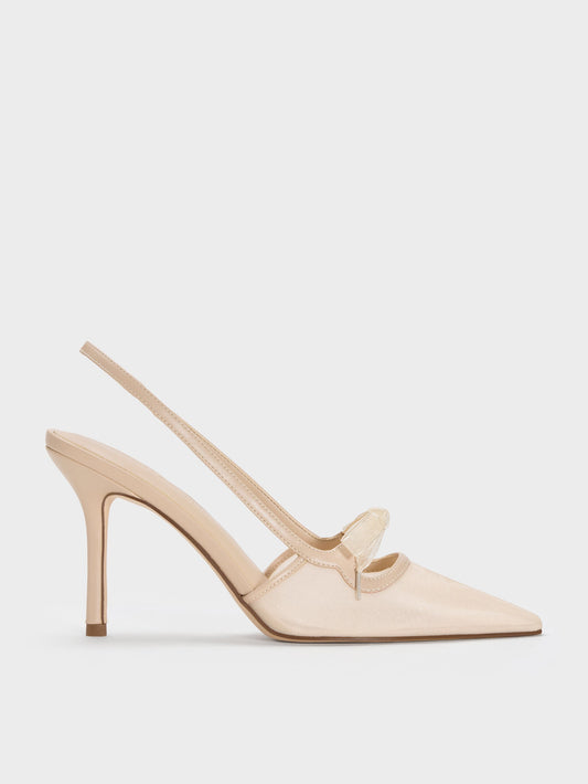 Venetia Mesh Bow Pointed Slingback Pumps - Nude | CHARLES & KEITH