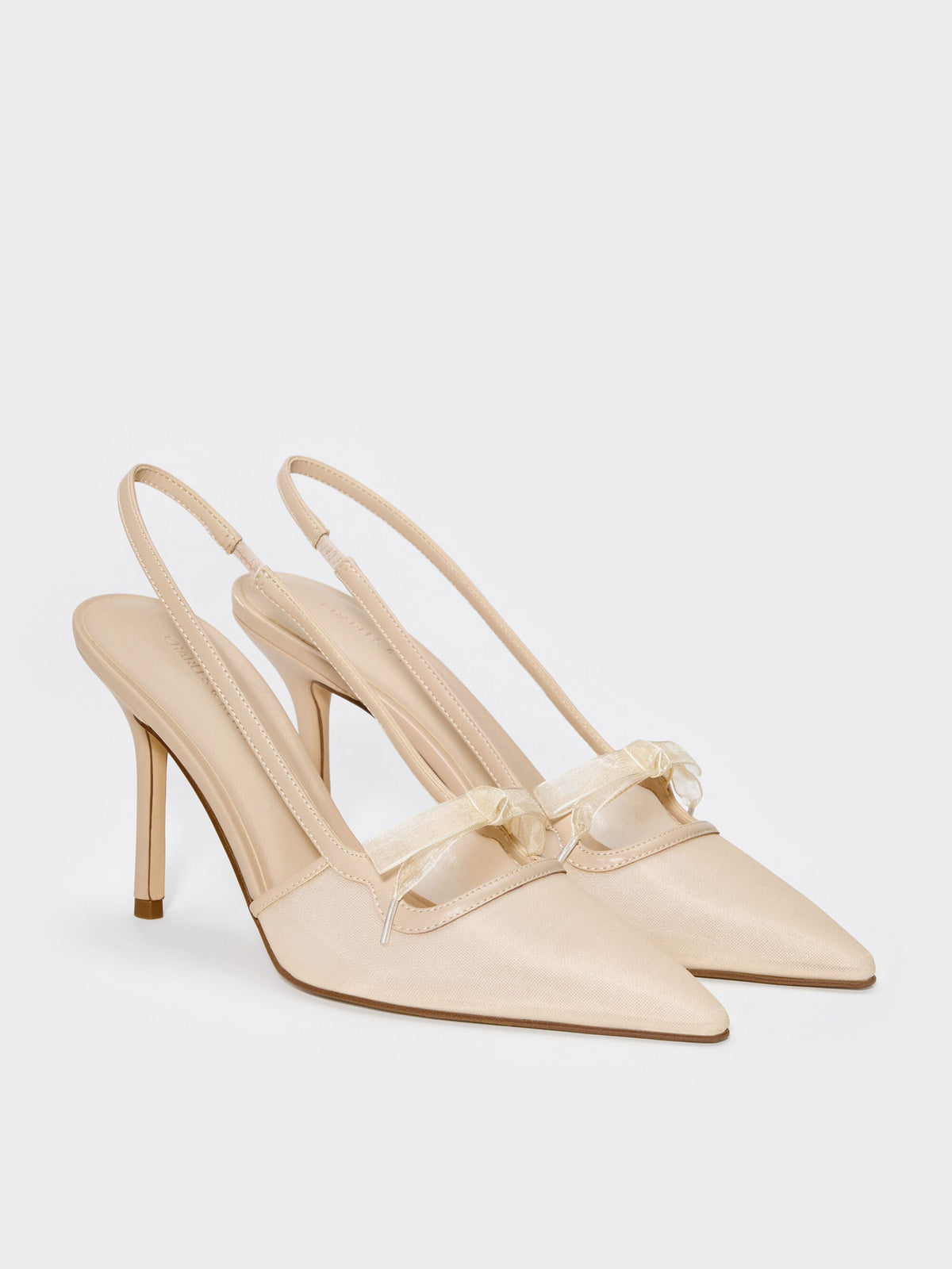 Venetia Mesh Bow Pointed Slingback Pumps - Nude | CHARLES & KEITH