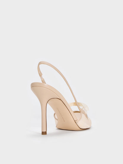 Venetia Mesh Bow Pointed Slingback Pumps - Nude | CHARLES & KEITH
