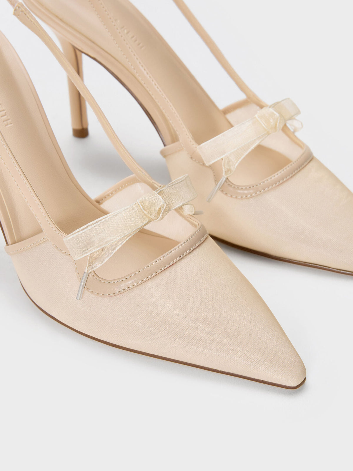 Venetia Mesh Bow Pointed Slingback Pumps - Nude | CHARLES & KEITH