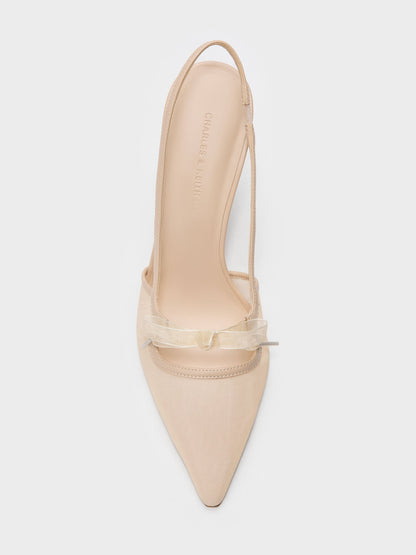 Venetia Mesh Bow Pointed Slingback Pumps - Nude | CHARLES & KEITH