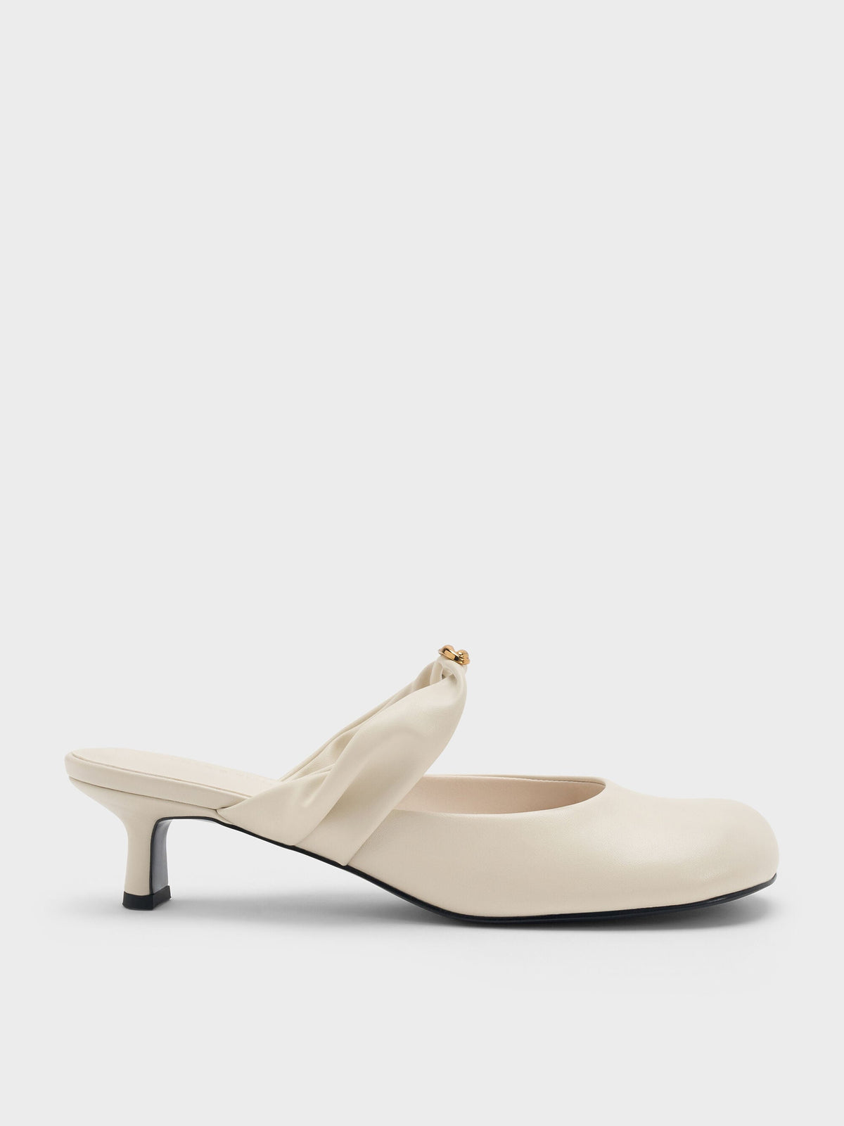Metallic-Accent Twisted-Strap Heeled Mules - Chalk | CHARLES & KEITH