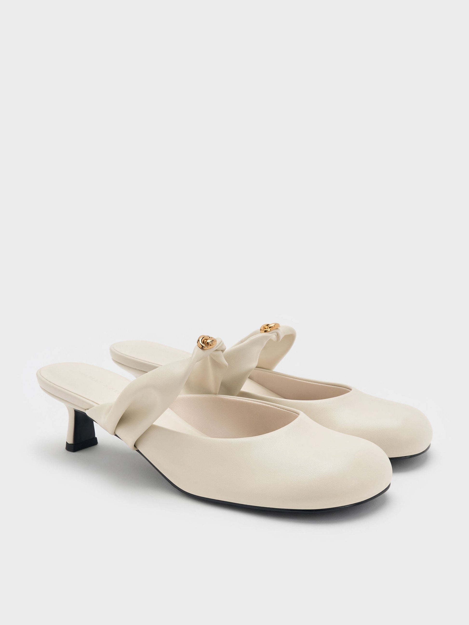 Metallic-Accent Twisted-Strap Heeled Mules - Chalk | CHARLES & KEITH