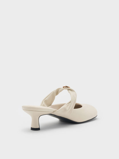 Metallic-Accent Twisted-Strap Heeled Mules - Chalk | CHARLES & KEITH