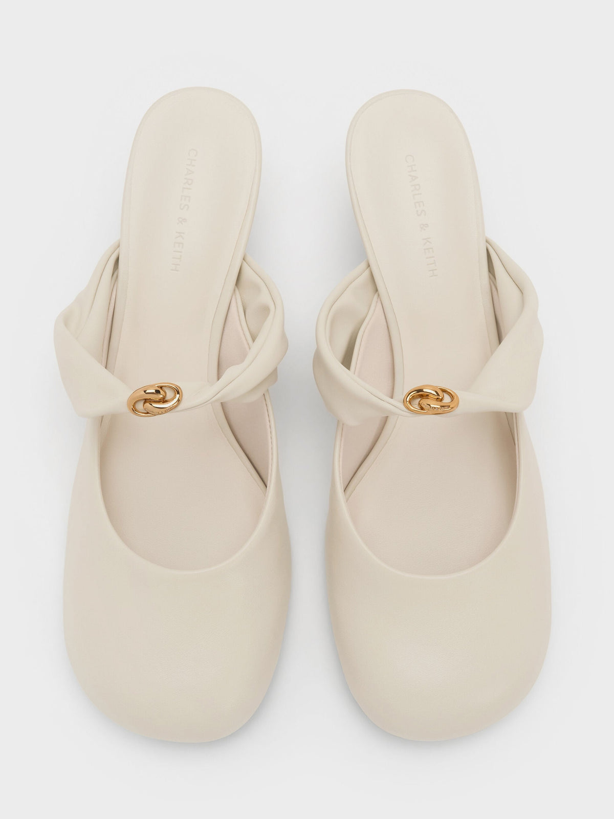 Metallic-Accent Twisted-Strap Heeled Mules - Chalk | CHARLES & KEITH