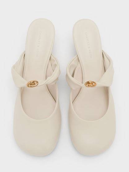 Metallic-Accent Twisted-Strap Heeled Mules - Chalk | CHARLES & KEITH