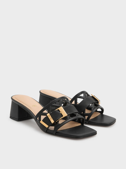 Whitney Leather Cut-Out Heeled Mules - Black | CHARLES & KEITH