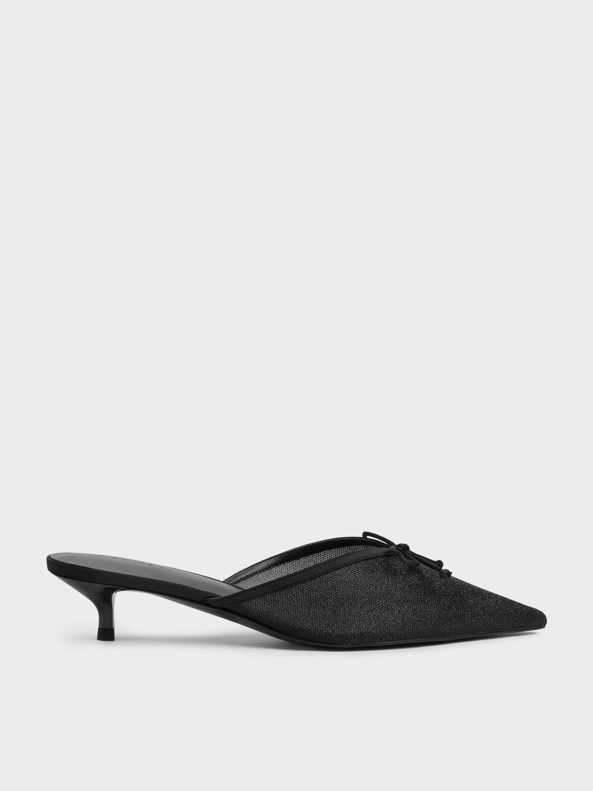 Glittered Mesh Bow Kitten Heels - Black Textured | CHARLES & KEITH