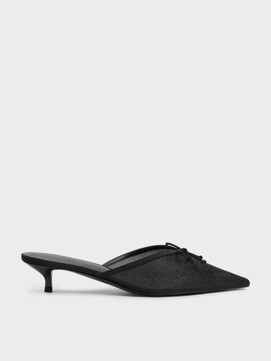 Glittered Mesh Bow Kitten Heels - Black Textured | CHARLES & KEITH