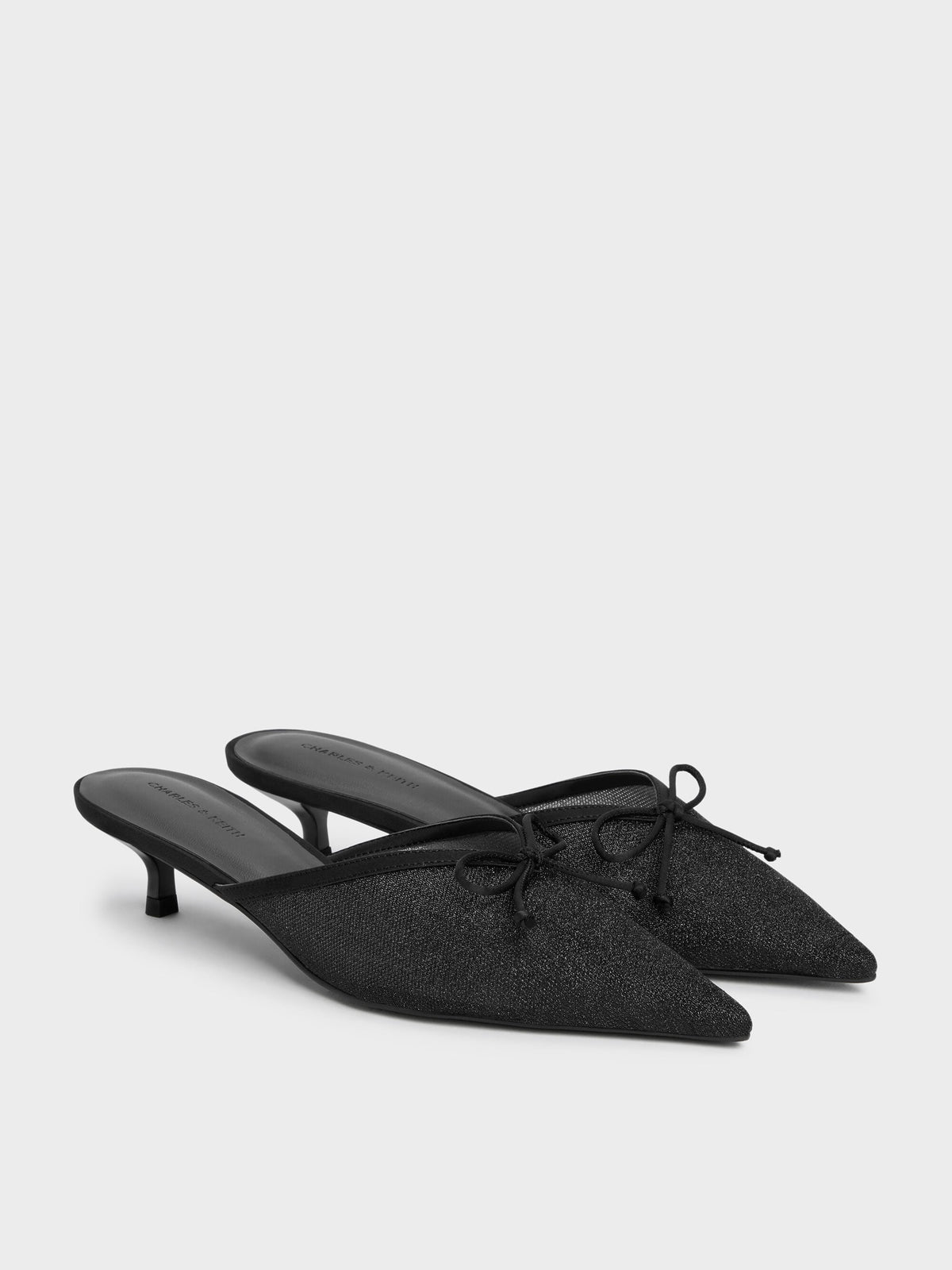 Glittered Mesh Bow Kitten Heels - Black Textured | CHARLES & KEITH