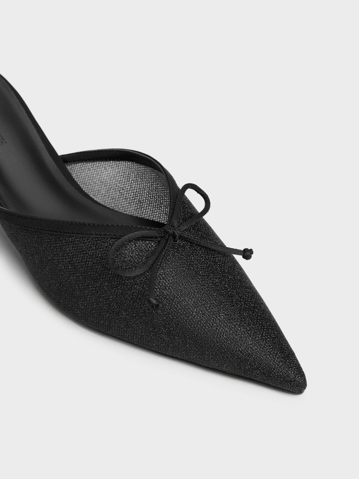 Glittered Mesh Bow Kitten Heels - Black Textured | CHARLES & KEITH