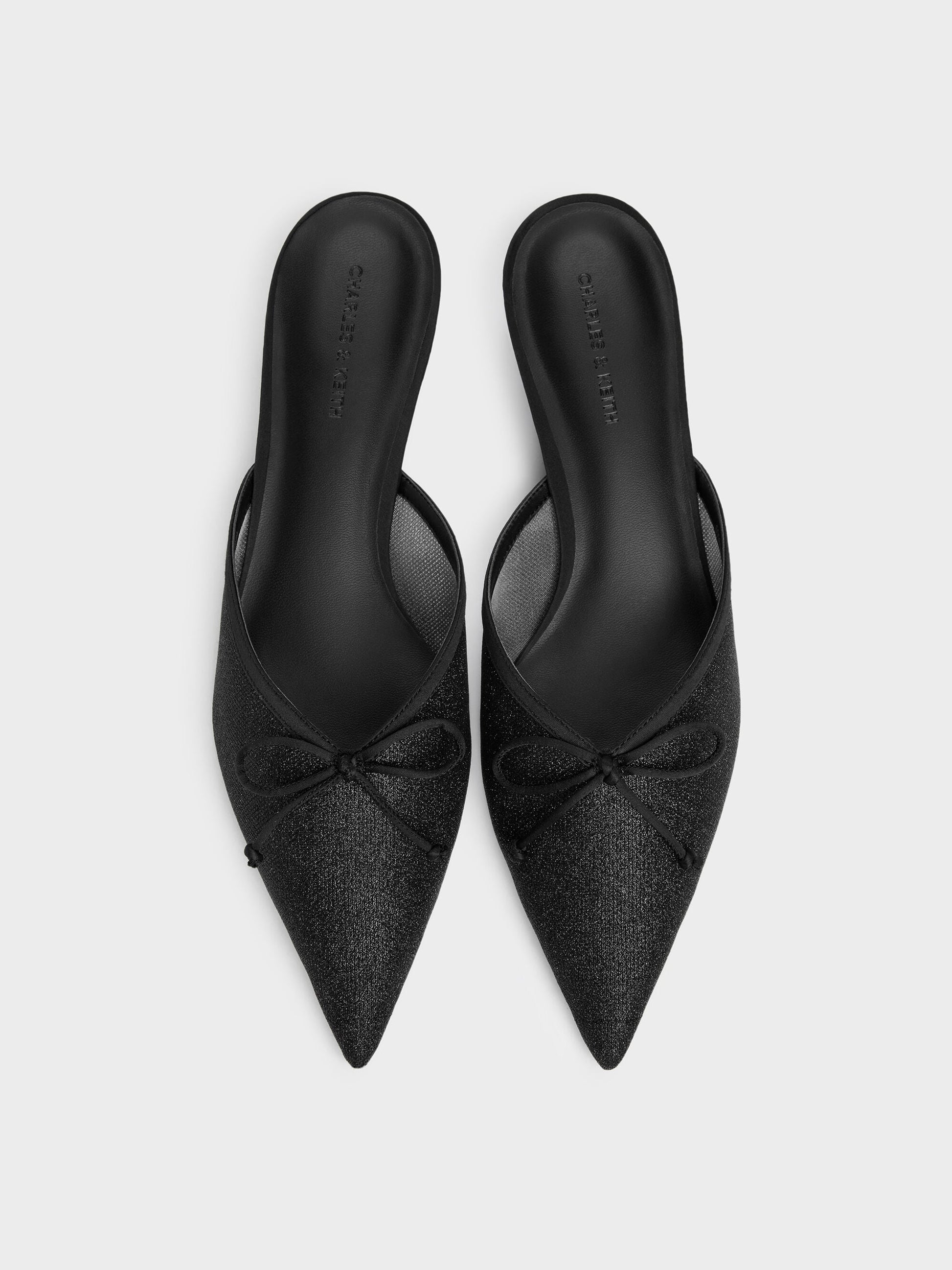 Glittered Mesh Bow Kitten Heels - Black Textured | CHARLES & KEITH