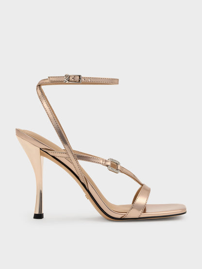 Metallic Leather Crystal-Buckle Ankle-Strap Heels - Bronze | CHARLES & KEITH