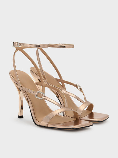 Metallic Leather Crystal-Buckle Ankle-Strap Heels - Bronze | CHARLES & KEITH