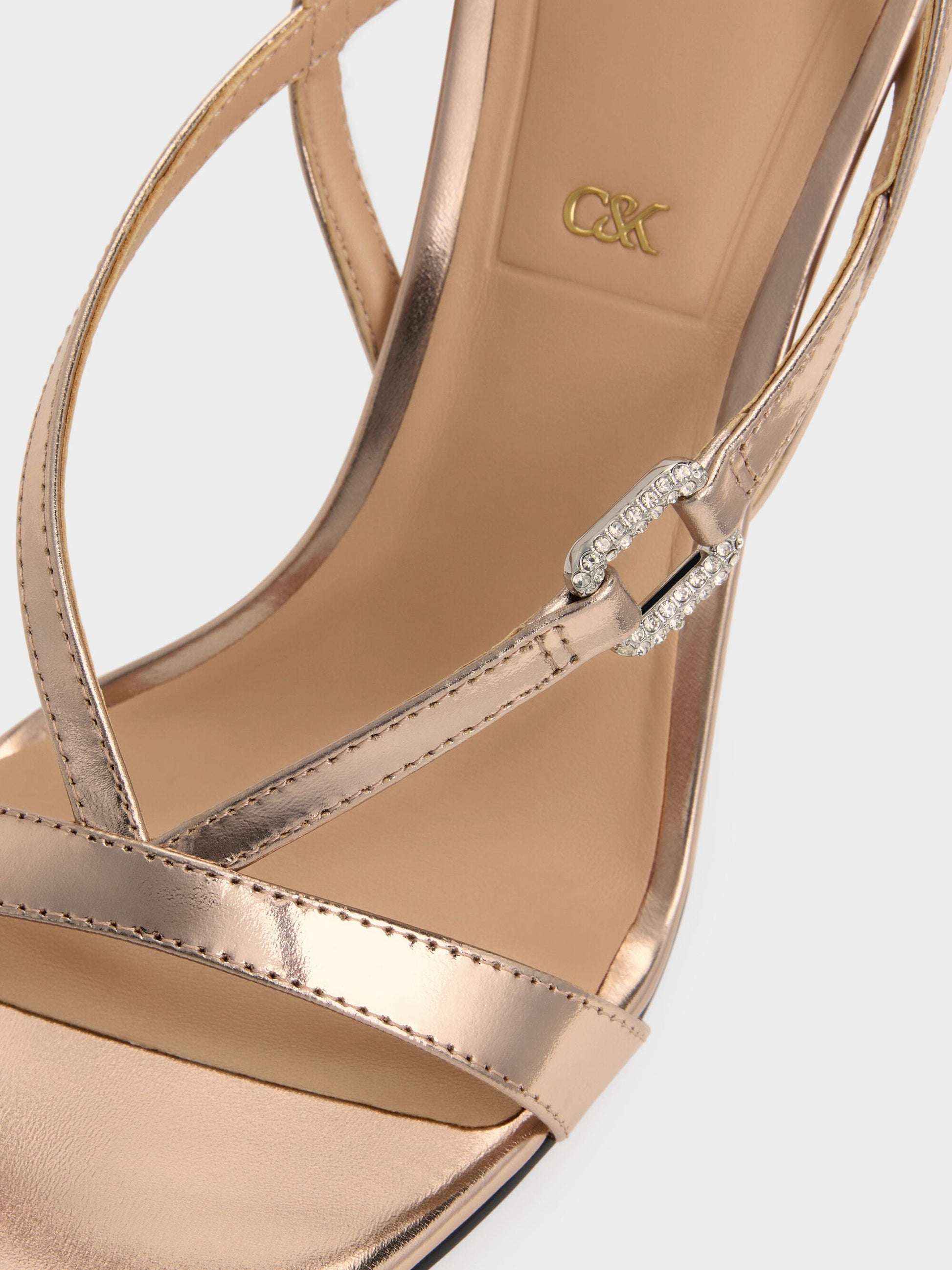 Metallic Leather Crystal-Buckle Ankle-Strap Heels - Bronze | CHARLES & KEITH