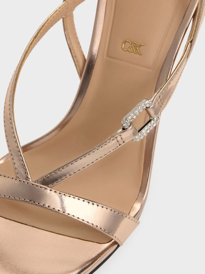 Metallic Leather Crystal-Buckle Ankle-Strap Heels - Bronze | CHARLES & KEITH
