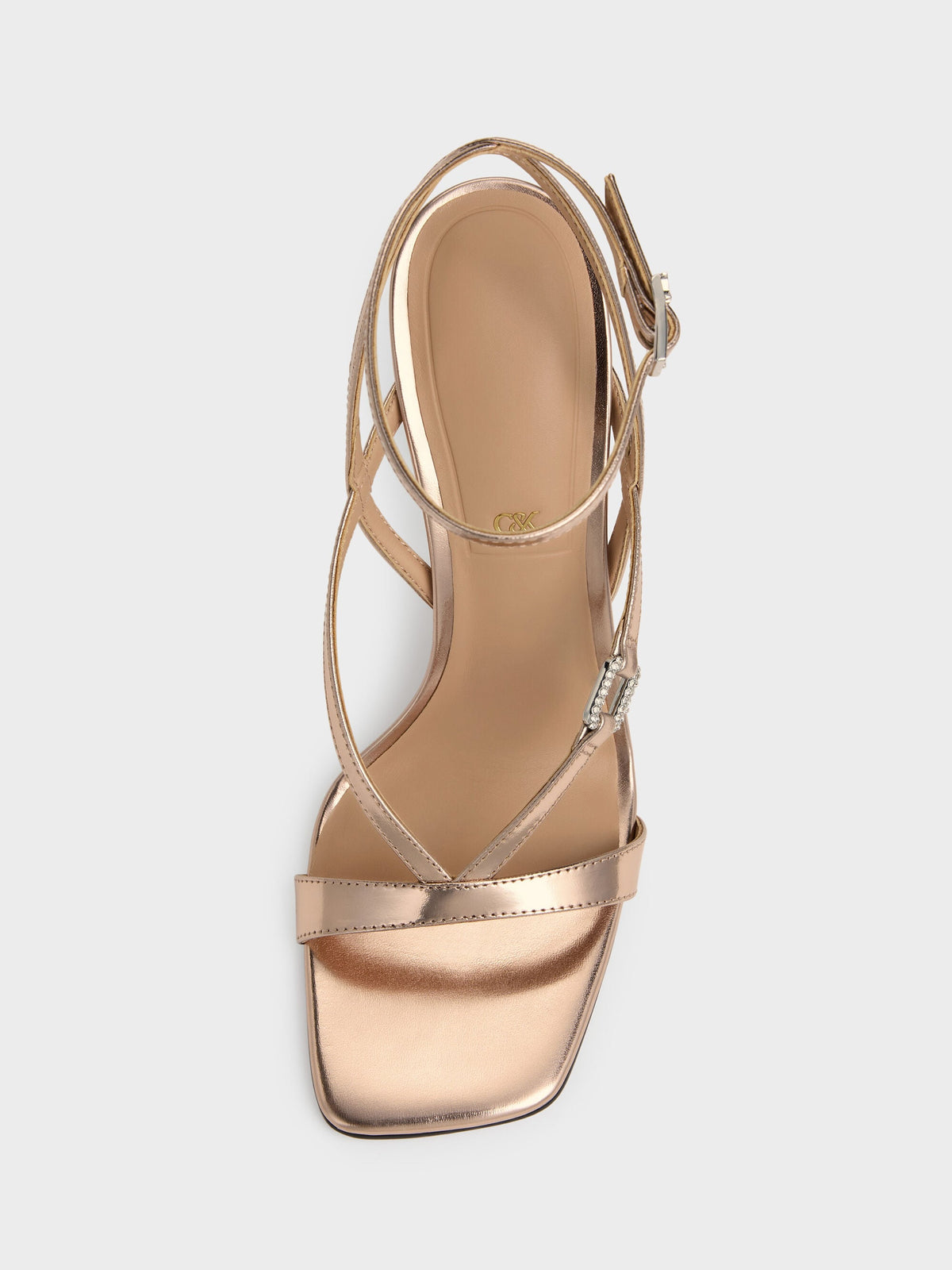 Metallic Leather Crystal-Buckle Ankle-Strap Heels - Bronze | CHARLES & KEITH