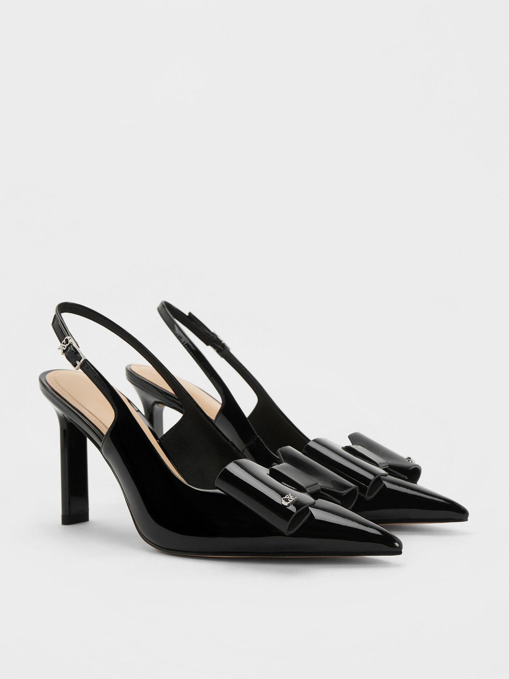 Lu Patent Leather Bow Slingback Pumps - Black Patent | CHARLES & KEITH