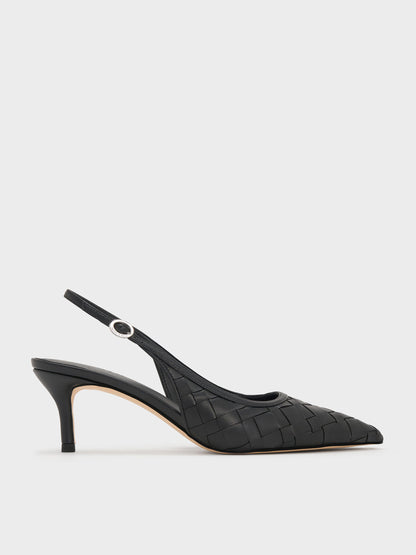 Ivette Woven Pointed Slingback Pumps - Black | CHARLES & KEITH