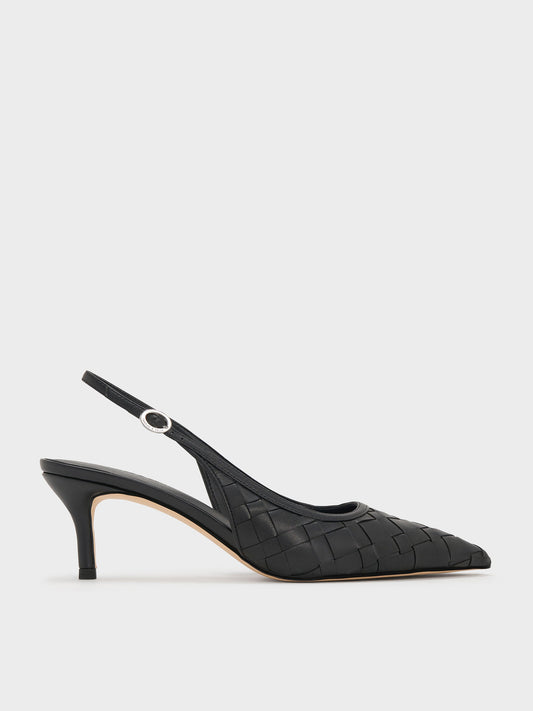 Ivette Woven Pointed Slingback Pumps - Black | CHARLES & KEITH
