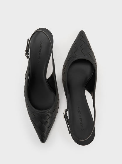 Ivette Woven Pointed Slingback Pumps - Black | CHARLES & KEITH