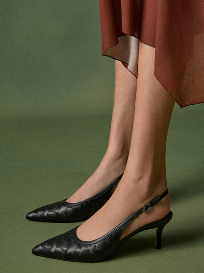 Ivette Woven Pointed Slingback Pumps - Black | CHARLES & KEITH