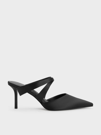 Satin Pleated-Strap Heeled Mules - Black Textured | CHARLES & KEITH