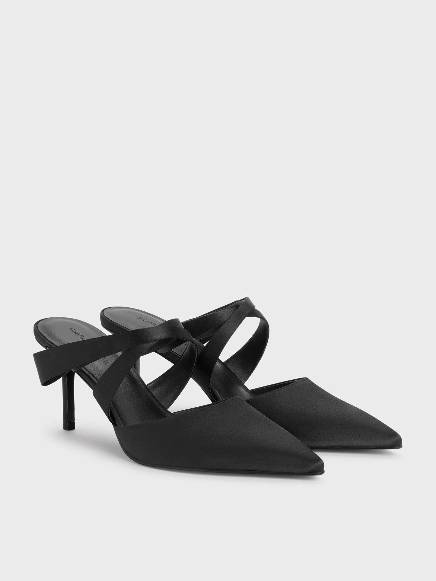 Satin Pleated-Strap Heeled Mules - Black Textured | CHARLES & KEITH