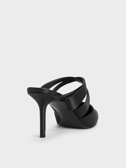 Satin Pleated-Strap Heeled Mules - Black Textured | CHARLES & KEITH