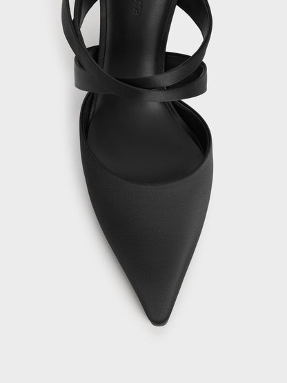 Satin Pleated-Strap Heeled Mules - Black Textured | CHARLES & KEITH