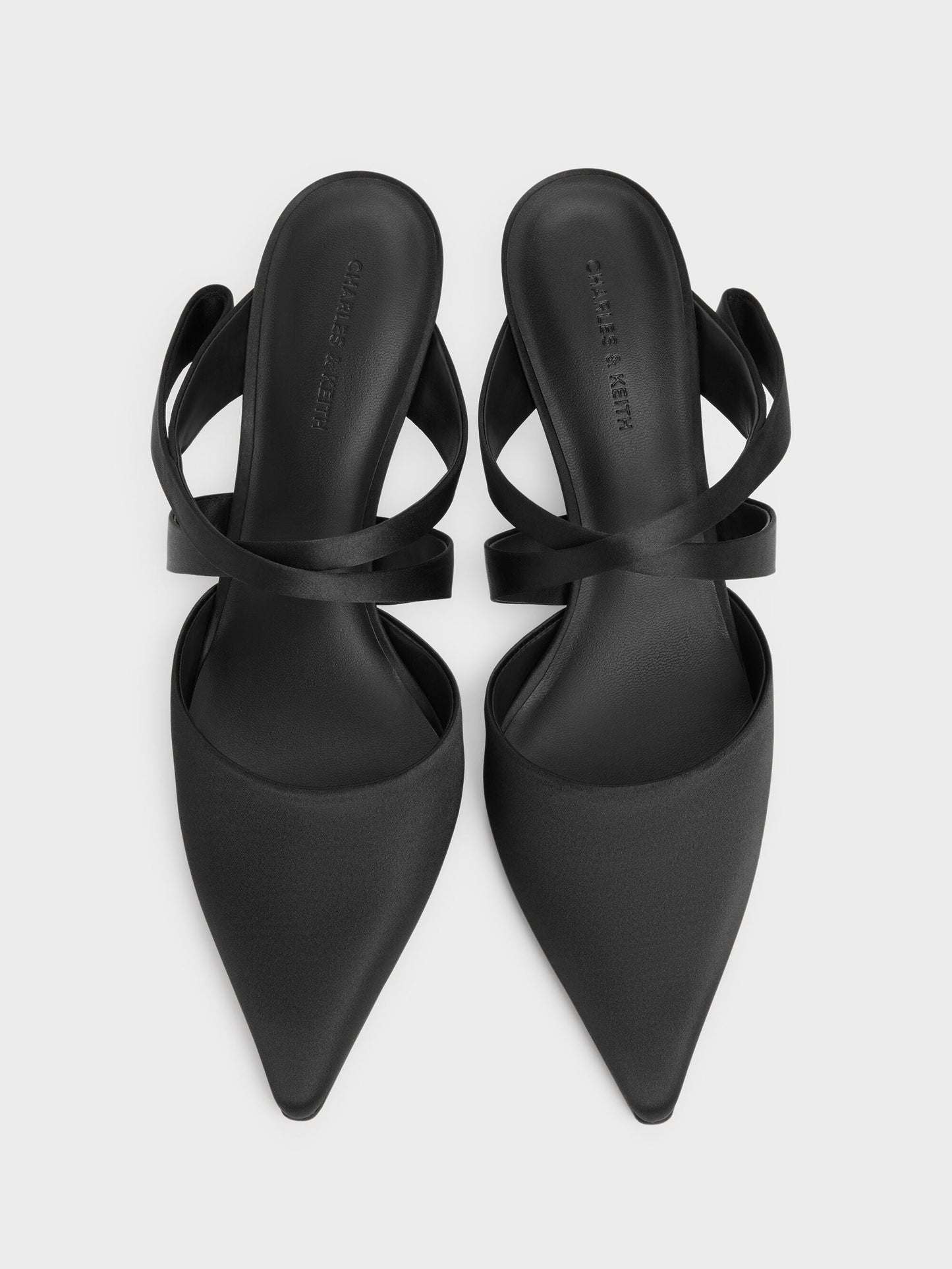 Satin Pleated-Strap Heeled Mules - Black Textured | CHARLES & KEITH