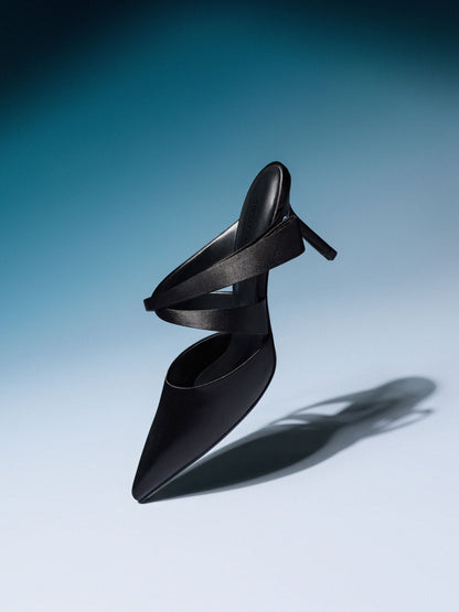 Satin Pleated-Strap Heeled Mules - Black Textured | CHARLES & KEITH