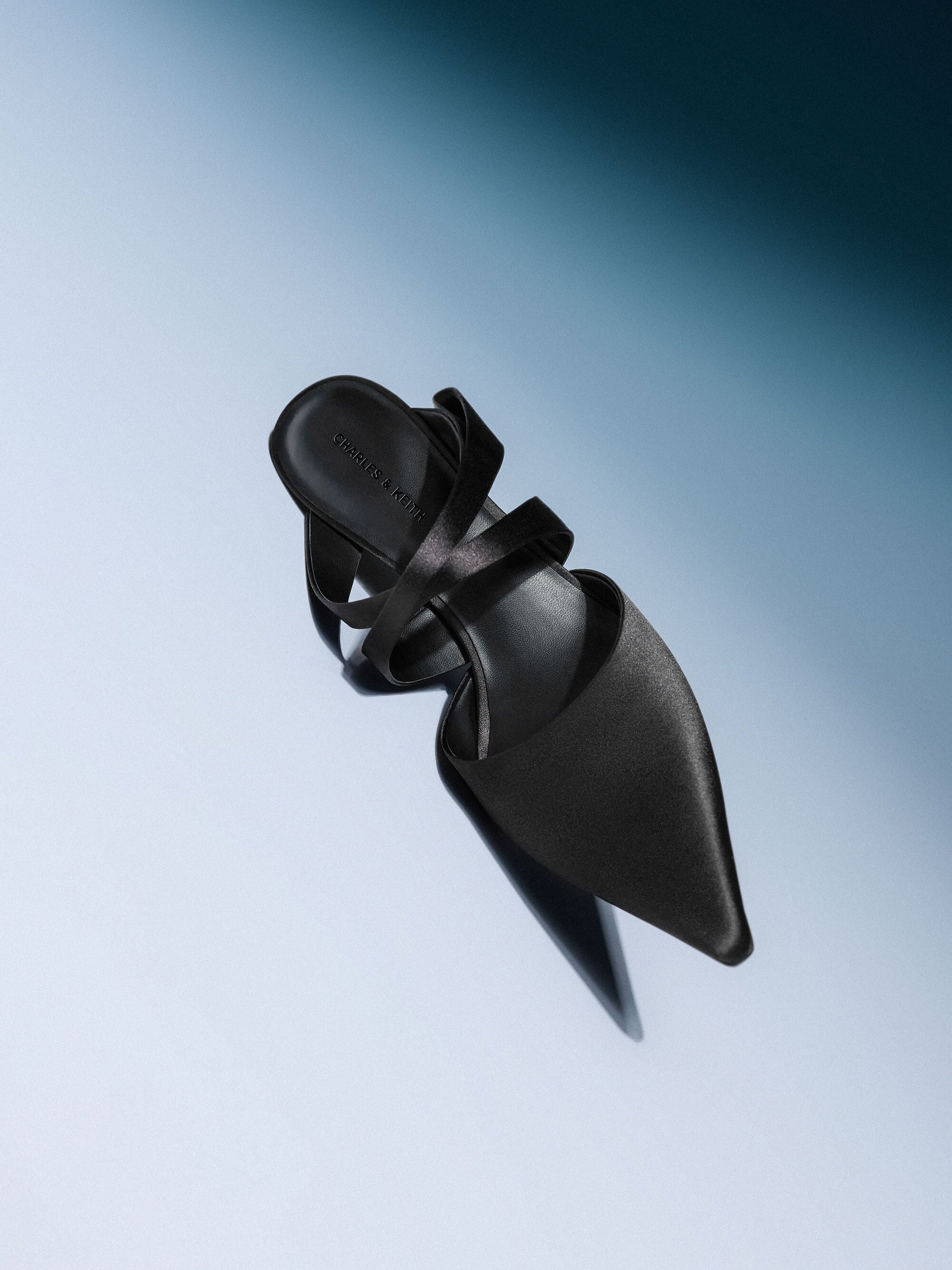 Satin Pleated-Strap Heeled Mules - Black Textured | CHARLES & KEITH
