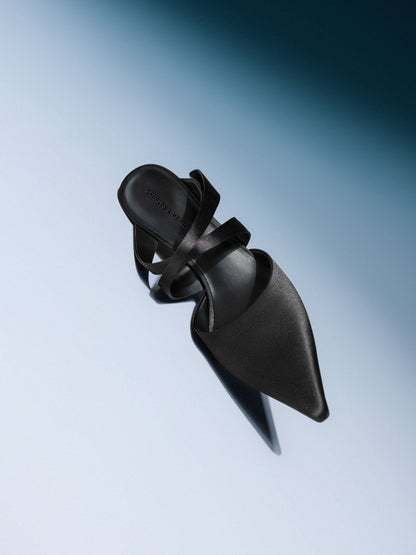 Satin Pleated-Strap Heeled Mules - Black Textured | CHARLES & KEITH