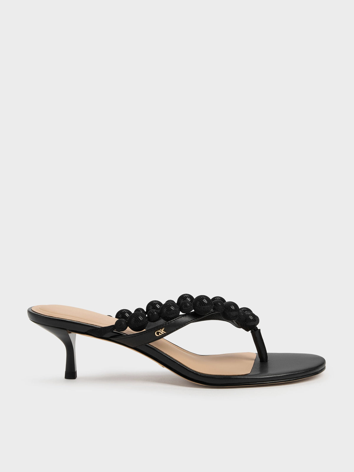 Leather Beaded Thong Kitten Heels - Black | CHARLES & KEITH