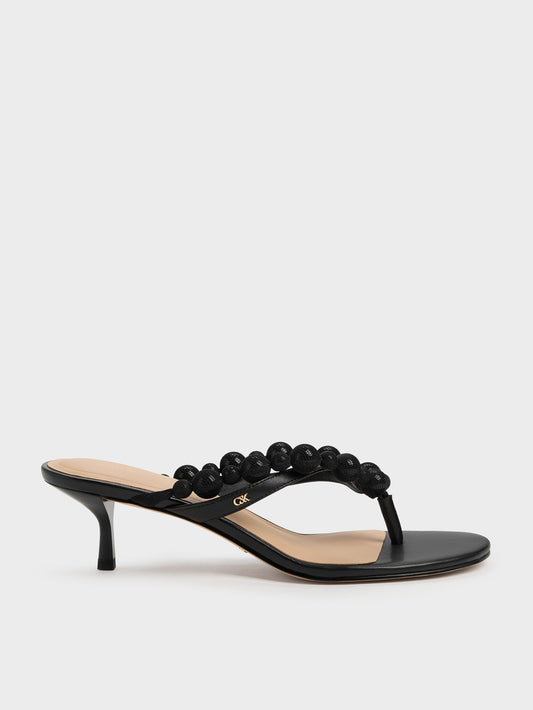 Leather Beaded Thong Kitten Heels - Black | CHARLES & KEITH