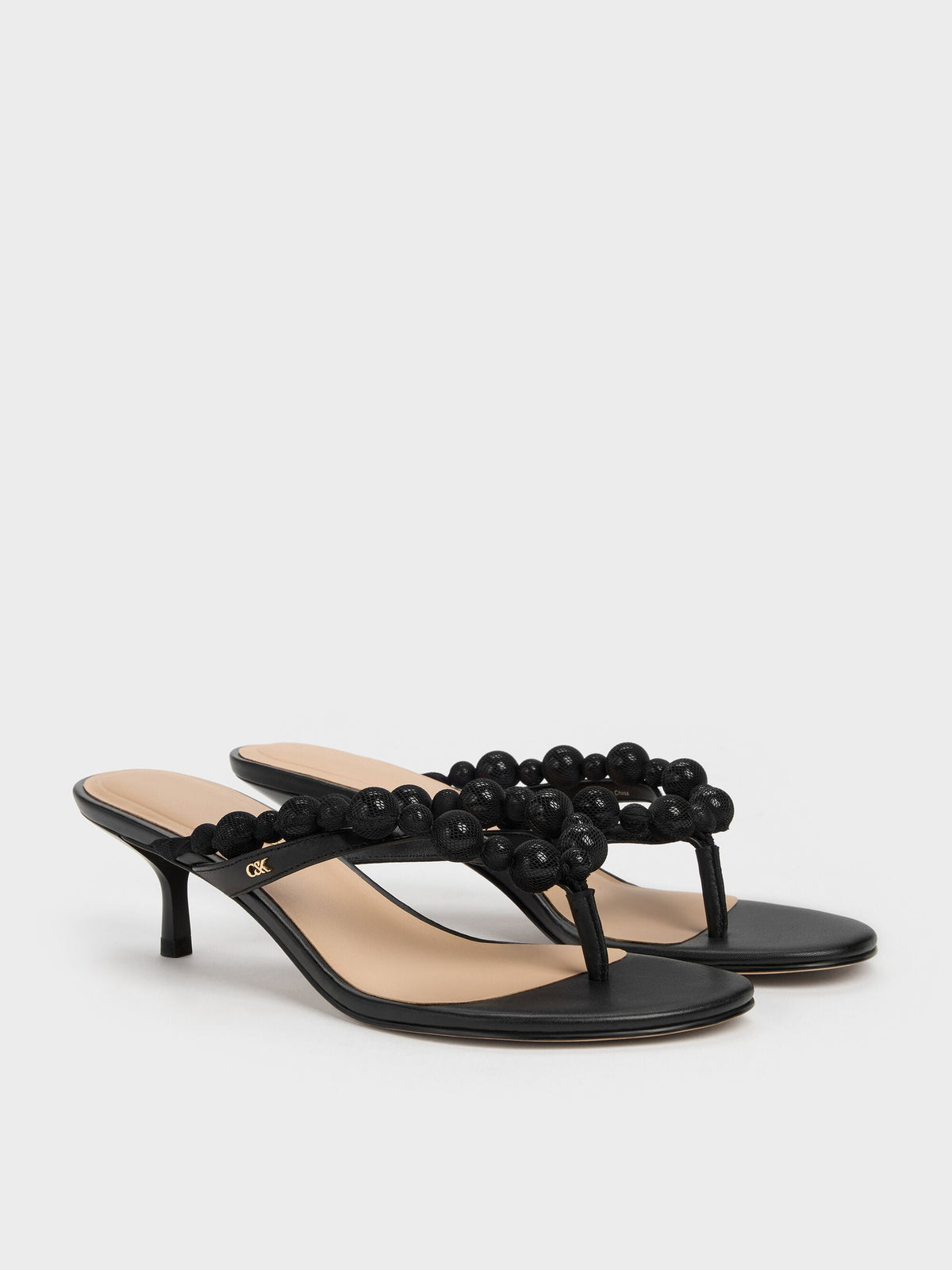 Leather Beaded Thong Kitten Heels - Black | CHARLES & KEITH