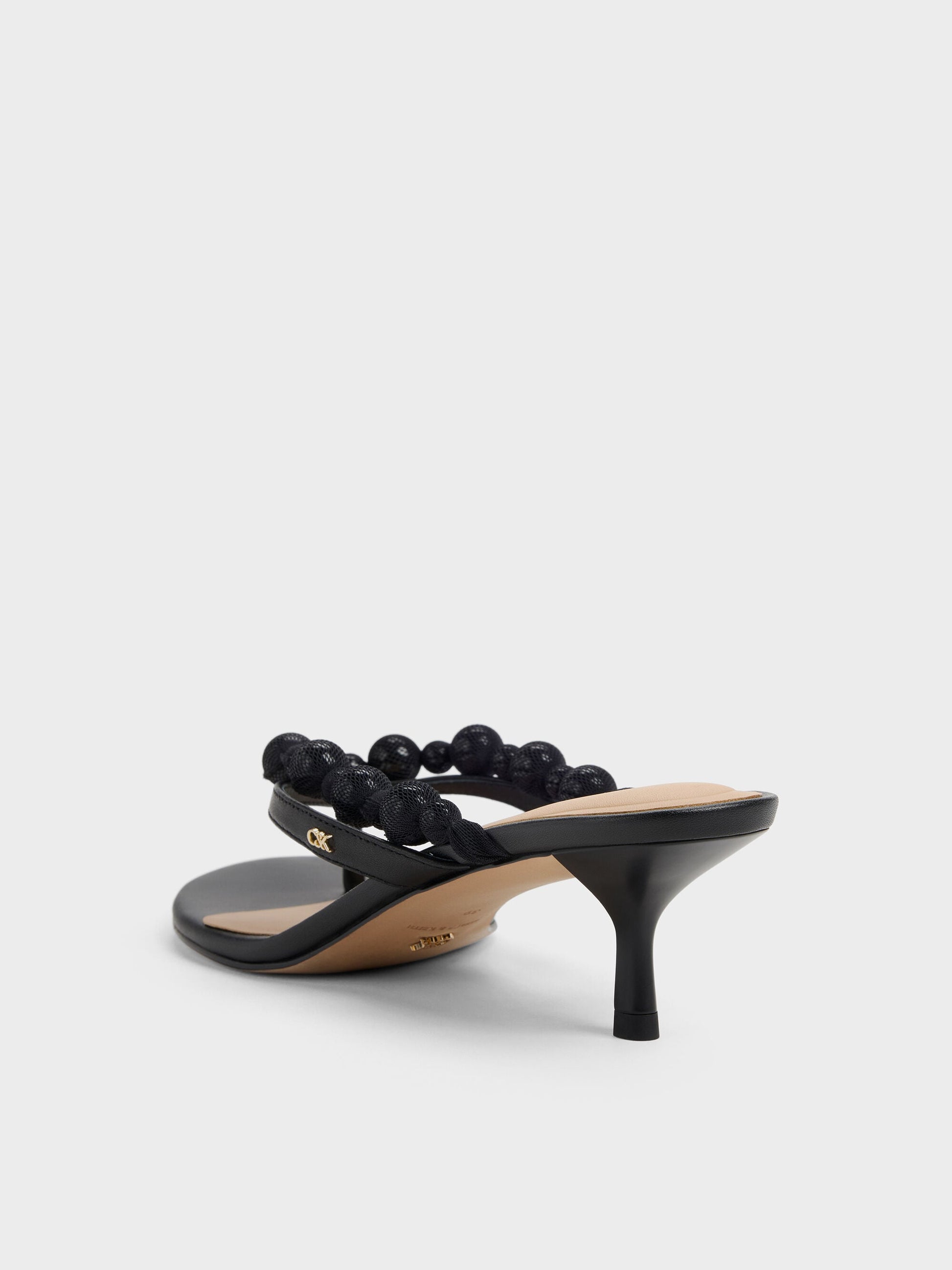Leather Beaded Thong Kitten Heels - Black | CHARLES & KEITH