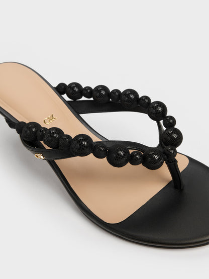 Leather Beaded Thong Kitten Heels - Black | CHARLES & KEITH