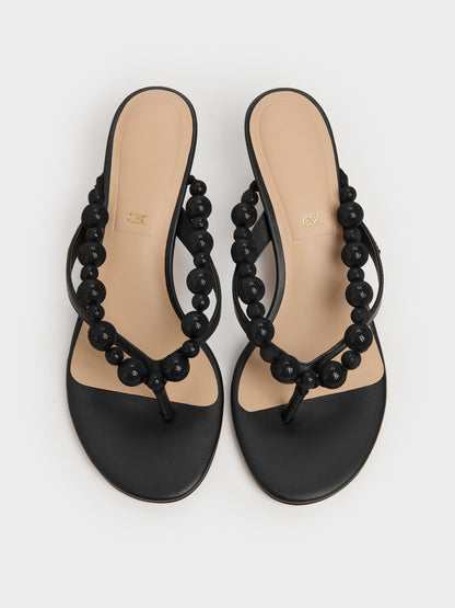 Leather Beaded Thong Kitten Heels - Black | CHARLES & KEITH
