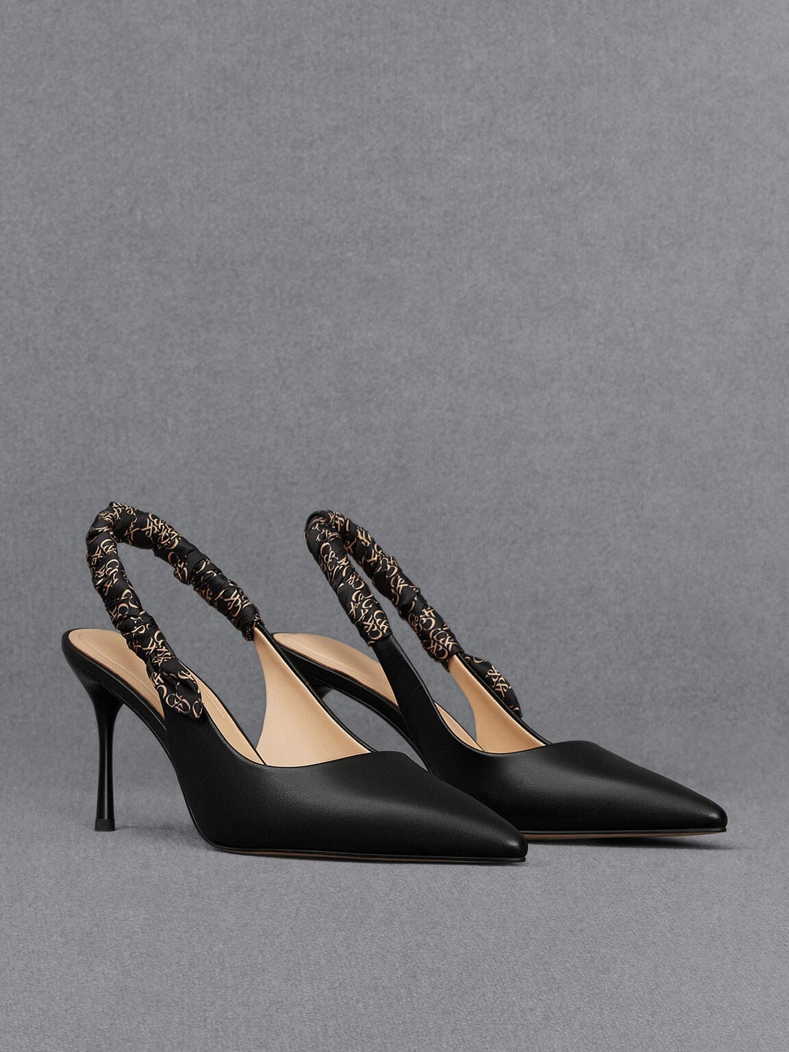 Tully Leather Ruched Print Slingback Pumps - Black | CHARLES & KEITH