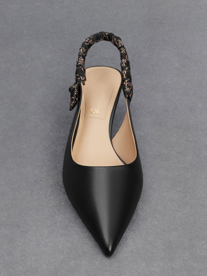Tully Leather Ruched Print Slingback Pumps - Black | CHARLES & KEITH