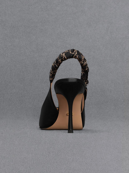 Tully Leather Ruched Print Slingback Pumps - Black | CHARLES & KEITH